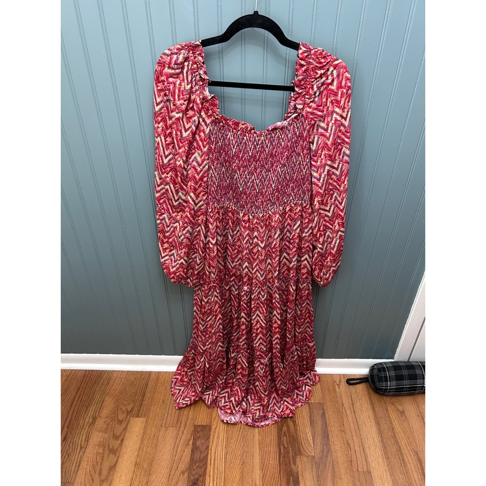 Jodifl Red Chevron Smocked Tiered Midi Dress Long Balloon Sleeve Womens Size‎ M